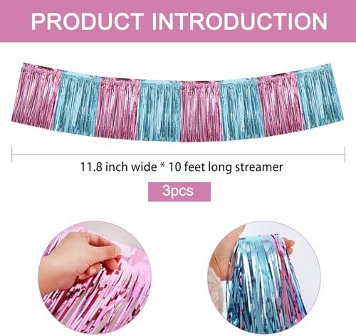 Pink Blue Fringe Garland Banner 30ft Wall Tinsel Foil Streamers in Pink Light Blue, alternate view 2
