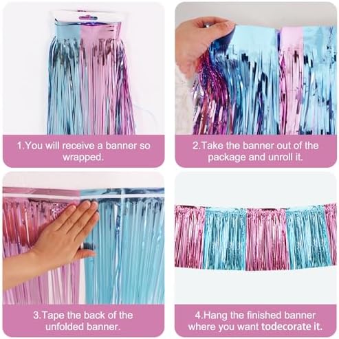Pink Blue Fringe Garland Banner 30ft Wall Tinsel Foil Streamers in Pink Light Blue, alternate view 3