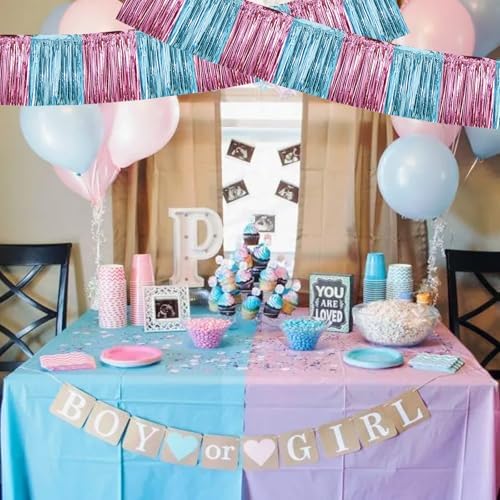 Pink Blue Fringe Garland Banner 30ft Wall Tinsel Foil Streamers in Pink Light Blue, alternate view 4
