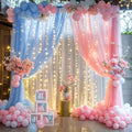 Pink Blue Sheer Tulle Backdrop Curtains with Lights String for Gender Reveal Baby Shower Decorations for Boy or