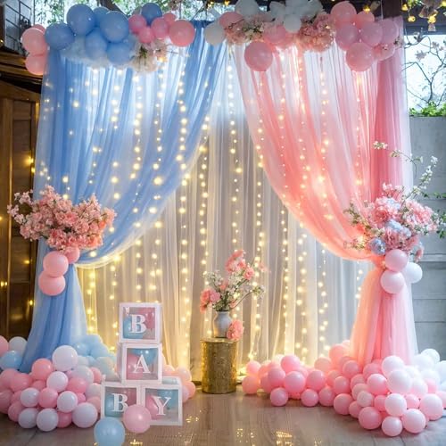 Pink Blue Sheer Tulle Backdrop Curtains with Lights String for Gender Reveal Baby Shower Decorations for Boy or