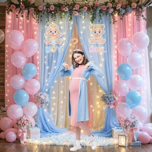 Pink Blue Sheer Tulle Backdrop Curtains with Lights String for Gender Reveal Baby Shower Decorations for Boy or, alternate