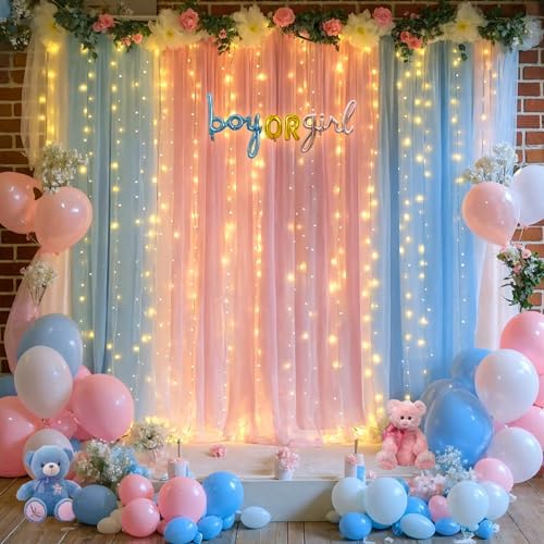 Pink Blue Sheer Tulle Backdrop Curtains with Lights String for Gender Reveal Baby Shower Decorations for Boy or, alternate