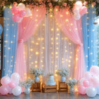 Pink Blue Sheer Tulle Backdrop Curtains with Lights String for Gender Reveal Baby Shower Decorations for Boy or, alternate