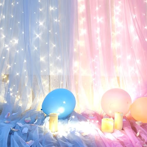Pink Blue Sheer Tulle Backdrop Curtains with Lights String for Gender Reveal Baby Shower Decorations for Boy or, alternate