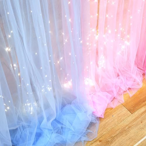 Pink Blue Sheer Tulle Backdrop Curtains with Lights String for Gender Reveal Baby Shower Decorations for Boy or, alternate