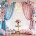 Pink Blue Sheer Tulle Backdrop Curtains with Lights String for Gender Reveal Baby Shower Decorations for Boy or