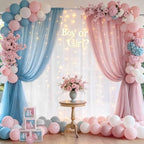 Pink Blue Sheer Tulle Backdrop Curtains with Lights String for Gender Reveal Baby Shower Decorations for Boy or