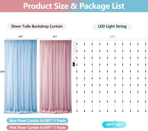 Pink Blue Sheer Tulle Backdrop Curtains with Lights String for Gender Reveal Baby Shower Decorations for Boy or, alternate