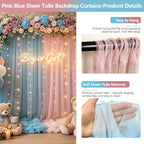 Pink Blue Sheer Tulle Backdrop Curtains with Lights String for Gender Reveal Baby Shower Decorations for Boy or, alternate