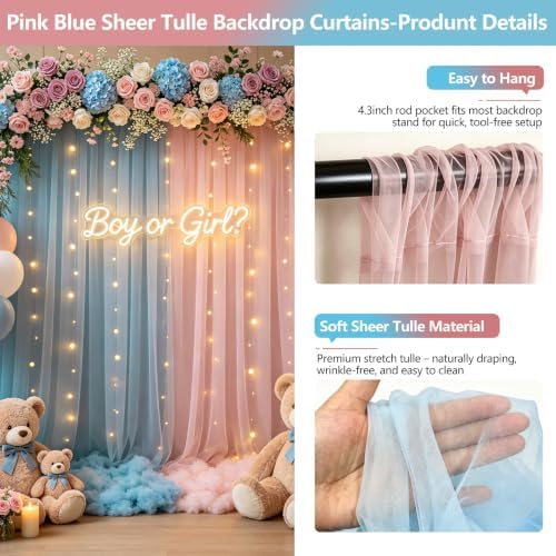 Pink Blue Sheer Tulle Backdrop Curtains with Lights String for Gender Reveal Baby Shower Decorations for Boy or, alternate