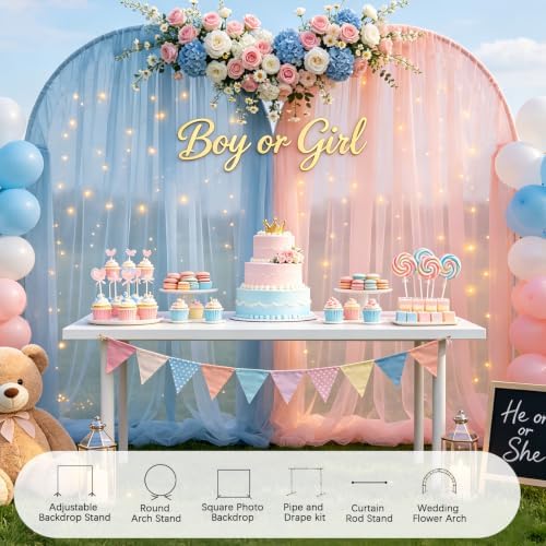 Pink Blue Sheer Tulle Backdrop Curtains with Lights String for Gender Reveal Baby Shower Decorations for Boy or, alternate