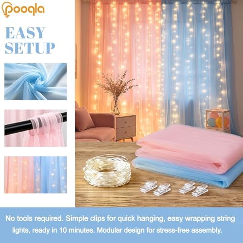 Pink&Blue Tulle Backdrop Curtains with Lights String for Party in Pink &Blue, alternate view 2