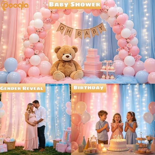 Pink&Blue Tulle Backdrop Curtains with Lights String for Party in Pink &Blue, alternate view 7