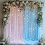 Pink Blue Tulle Backdrop with Fairy Lights for Parites Wrinkle-Free Sheer Curtain Drapes Photo Back Drop for
