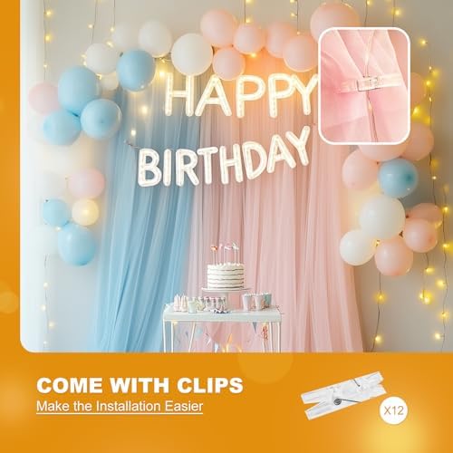 Pink Blue Tulle Backdrop with Fairy Lights for Parites Wrinkle-Free Sheer Curtain Drapes Photo Back Drop for, alternate view