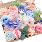 Pink Blush Blue Artificial Flowers Fake Roses Peonies and Greenery Combo Box Set for DIY Wedding Bouquets Bridal
