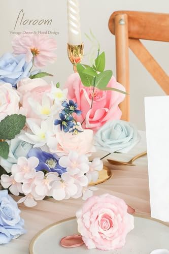 Pink Blush Blue Artificial Flowers Fake Roses Peonies and Greenery Combo Box Set for DIY Wedding Bouquets Bridal, alternate