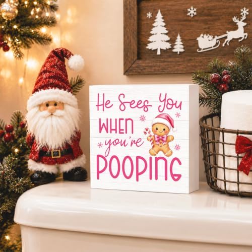 Pink Christmas Bathroom Decor Funny Gingerbread Christmas Wooden Box Sign, alternate view 2