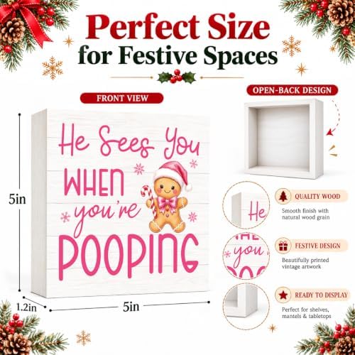 Pink Christmas Bathroom Decor Funny Gingerbread Christmas Wooden Box Sign, alternate view 3