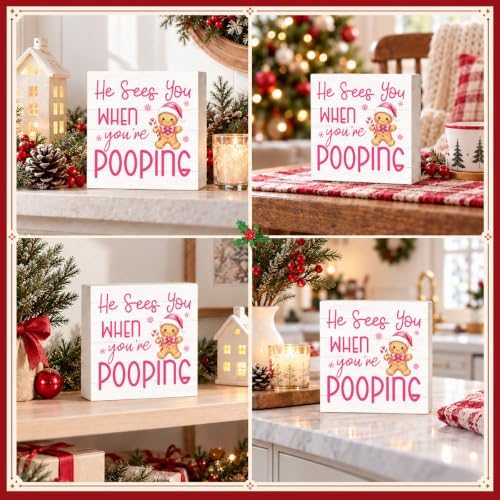 Pink Christmas Bathroom Decor Funny Gingerbread Christmas Wooden Box Sign, alternate view 5