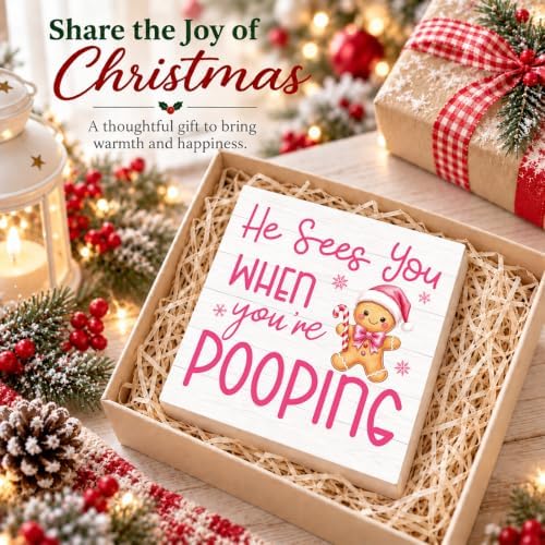 Pink Christmas Bathroom Decor Funny Gingerbread Christmas Wooden Box Sign, alternate view 6