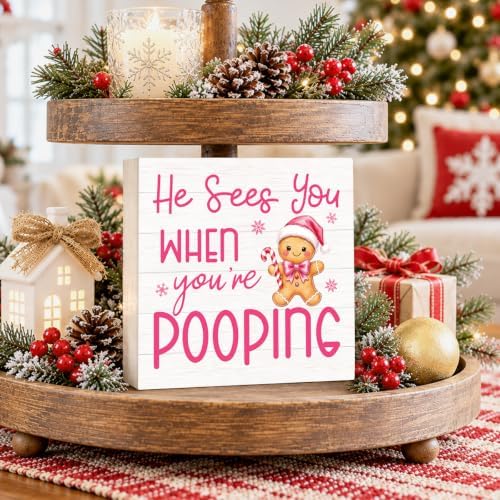 Pink Christmas Bathroom Decor Funny Gingerbread Christmas Wooden Box Sign, alternate view 7