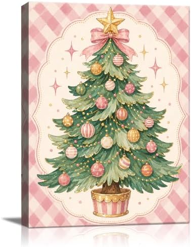 Pink Christmas Tree Canvas Wall Art, Bow Ornaments Christmas Wall Decor