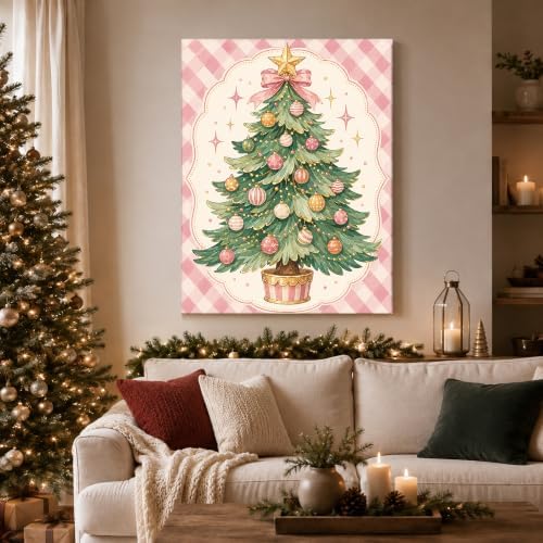Pink Christmas Tree Canvas Wall Art, Bow Ornaments Christmas Wall Decor, alternate view 2