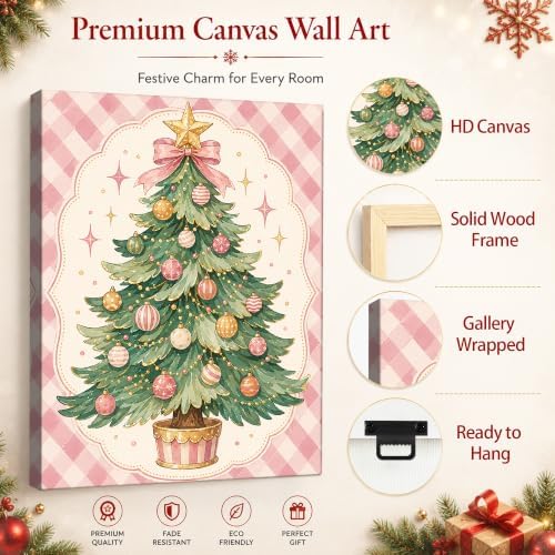 Pink Christmas Tree Canvas Wall Art, Bow Ornaments Christmas Wall Decor, alternate view 5
