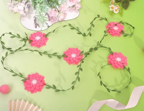 Pink Felt Chrysanthemum Flower Wreath - Pink Leaf Vine Banner, Multi Layer Daisy, Used for Spring Party, alternate view 3