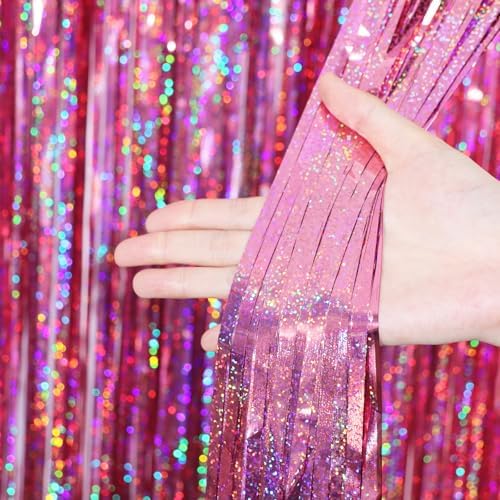 Pink Foil Fringe Backdrop Curtains, 3.3x6.6ft, 3pcs in 3.3x6.6ft, alternate view 2