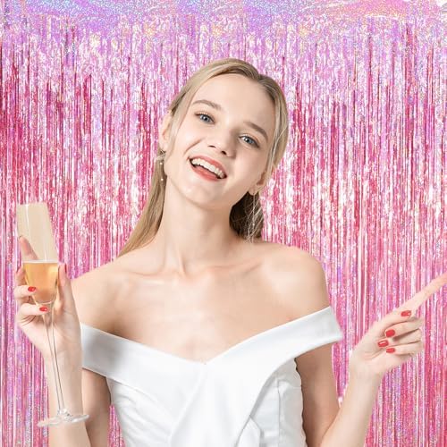 Pink Foil Fringe Backdrop Curtains, 3.3x6.6ft, 6pcs in 3.3x6.6ft, alternate view 5