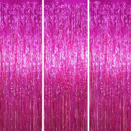 Pink Foil Fringe Backdrop Curtains, 3.3x8.2ft, 3 Pack in 3.3x8.2ft
