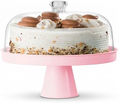 Pink Footed Cake Stand with Acrylic Dome Lid, Serving Platter in Pink