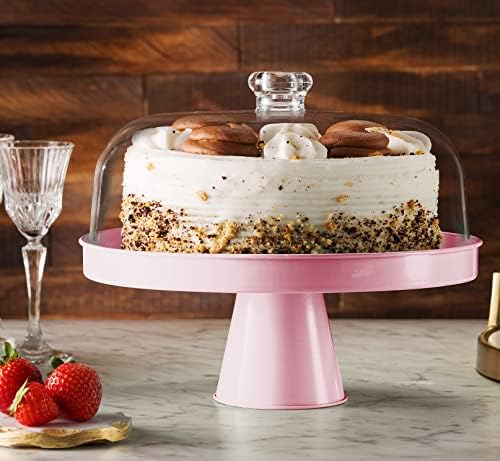 Pink Footed Cake Stand with Acrylic Dome Lid, Serving Platter in Pink, alternate view 2