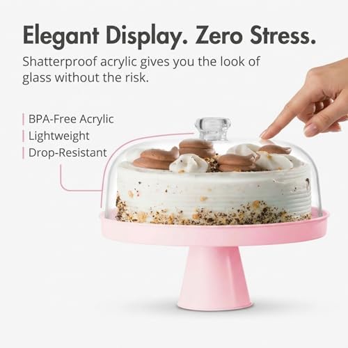 Pink Footed Cake Stand with Acrylic Dome Lid, Serving Platter in Pink, alternate view 4