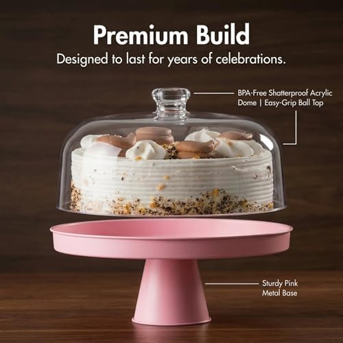 Pink Footed Cake Stand with Acrylic Dome Lid, Serving Platter in Pink, alternate view 5