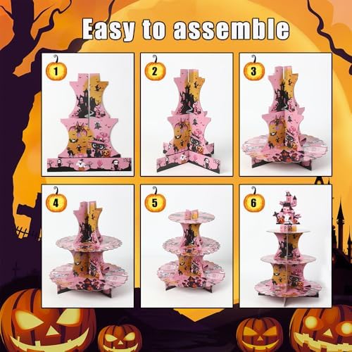 Pink Halloween Cake Stand, Halloween Party Favors, Cupcake Stand for 24 Cupcakes,3 Tier Cardboard Cupcake, alternate view 4