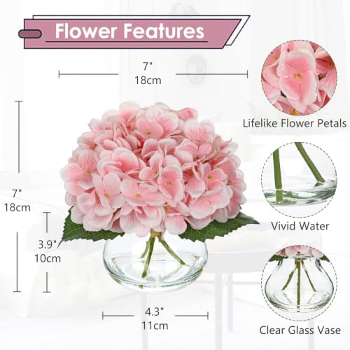 Pink Hydrangea Artificial Flowers in Vase Medium 7inch Silk Fake Hydrangeas Flowers Arrangements with Medium, alternate view