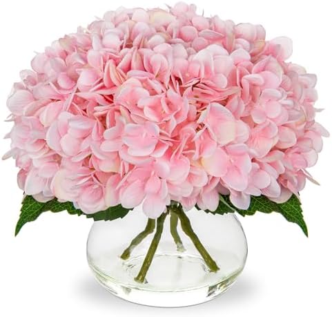 Pink Hydrangea Artificial Flowers with Glass Vase Silk Faux Flowers Arrangements with Clear Faux Water Fake