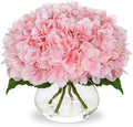 Pink Hydrangea Artificial Flowers with Glass Vase Silk Faux Flowers Arrangements with Clear Faux Water Fake