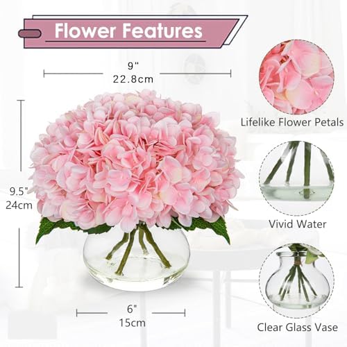 Pink Hydrangea Artificial Flowers with Glass Vase Silk Faux Flowers Arrangements with Clear Faux Water Fake, alternate view 2