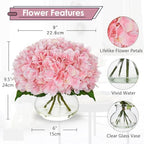 Pink Hydrangea Artificial Flowers with Glass Vase Silk Faux Flowers Arrangements with Clear Faux Water Fake, alternate view 2