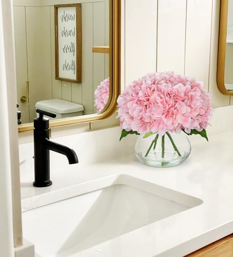 Pink Hydrangea Artificial Flowers with Glass Vase Silk Faux Flowers Arrangements with Clear Faux Water Fake, alternate view 3