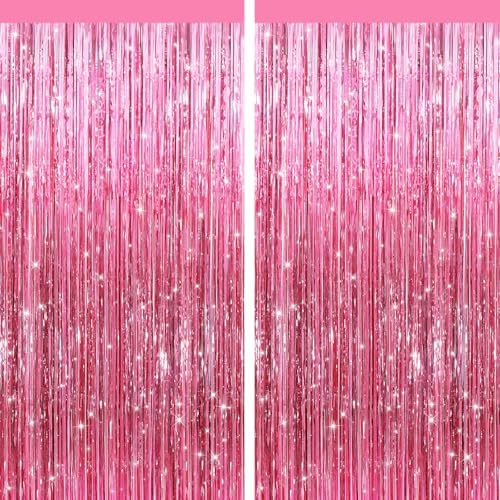 Pink Metallic Fringe Curtains 2 Pack, Tinsel Backdrop for Parties