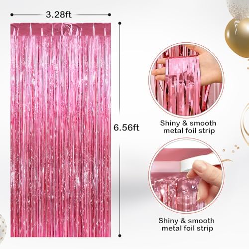 Pink Metallic Fringe Curtains 2 Pack, Tinsel Backdrop for Parties, alternate view 2