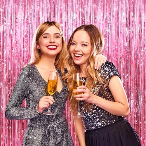 Pink Metallic Fringe Curtains 2 Pack, Tinsel Backdrop for Parties, alternate view 5