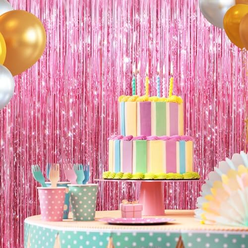Pink Metallic Fringe Curtains 2 Pack, Tinsel Backdrop for Parties, alternate view 6