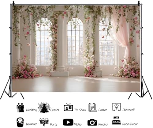 Pink Palace Backdrops 12x10ft White and Pink Windowsills Botanical Background Princess Birthday Party Banner, alternate view